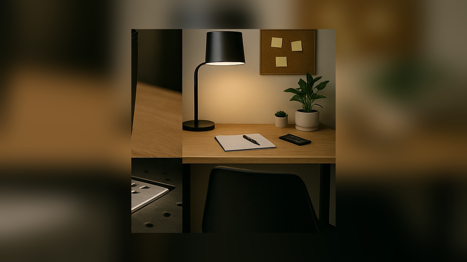 Desk with notebook, lamp and plant.