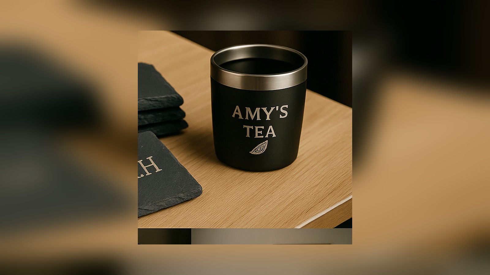 Laser engraved stainless tumbler.