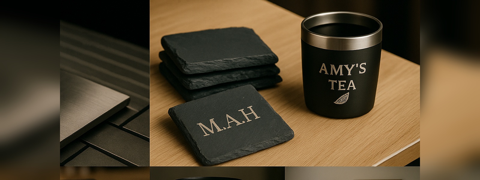 Slate coasters and tumbler styled on a desk.